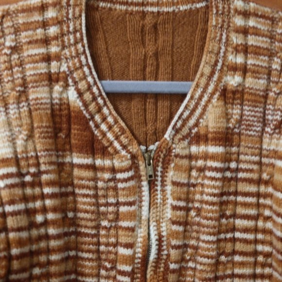 Vintage Handmade 70s Brown Plaid Chunky Knit Zip Cardigan Sweater LG - Picture 3 of 10